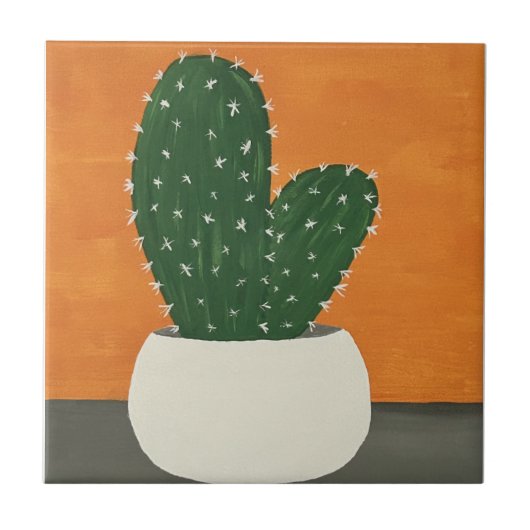 Sinaasappel en grijs Acryl Potted Cactus Tegeltje (Voorkant)