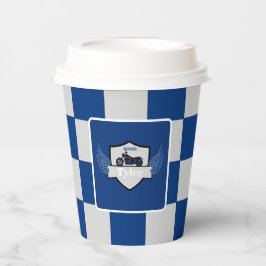 Sinaasappel en grijs geruite papieren beker