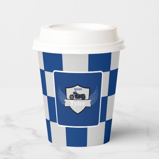 Sinaasappel en grijs geruite papieren beker (Voorkant)