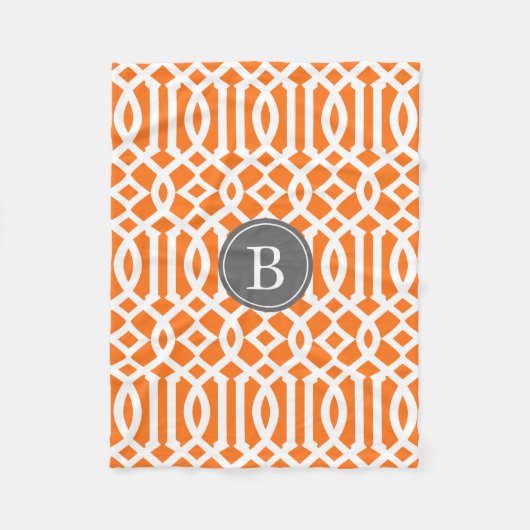 Sinaasappel en grijs trellis patroonmonogram fleece deken (Voorkant)