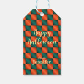 Sinaasappel en groen glanzend schaakbord cadeaulabel (Voorkant)