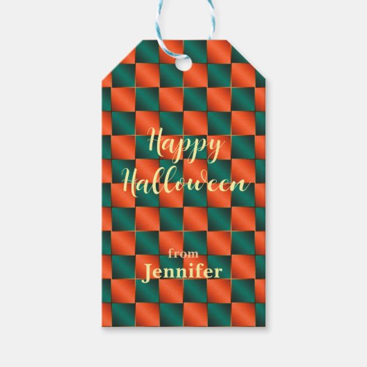 Sinaasappel en groen glanzend schaakbord cadeaulabel (Voorkant)