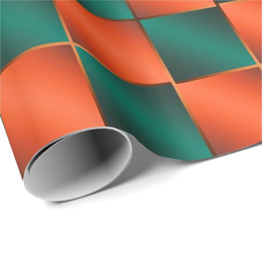 Sinaasappel en groen glanzend schaakbord cadeaupapier (Rol Hoek)
