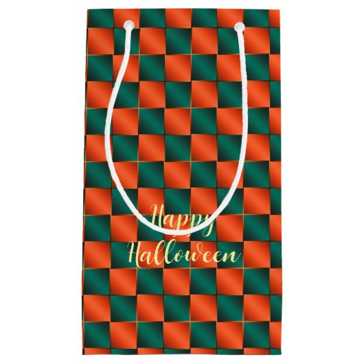 Sinaasappel en groen glanzend schaakbord klein cadeauzakje (Voorkant)