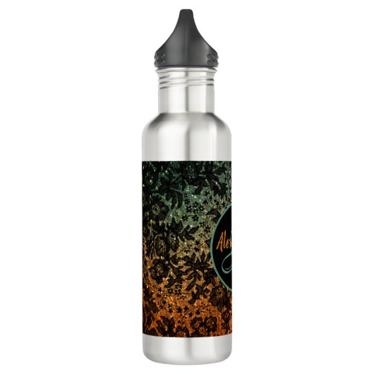 Sinaasappel en Groen Moody Zwart Bloemen Monogram Waterfles (Links)