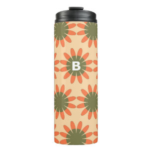 Sinaasappel en groen retro bloemmotief monogram thermosbeker