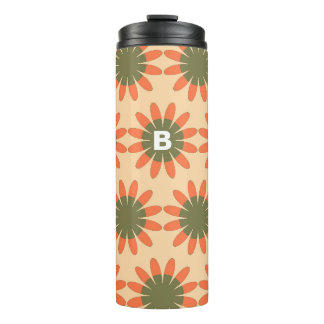 Sinaasappel en groen retro bloemmotief monogram thermosbeker
