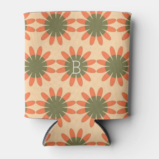 Sinaasappel en Groen Retro Bloempatroon Blikjeskoeler (Voorkant)