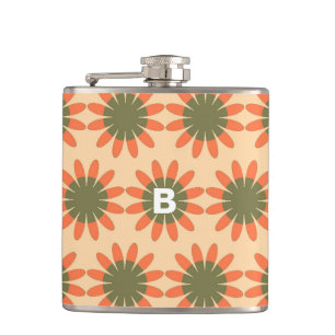 Sinaasappel en groen retro bloempatroon monogram heupfles
