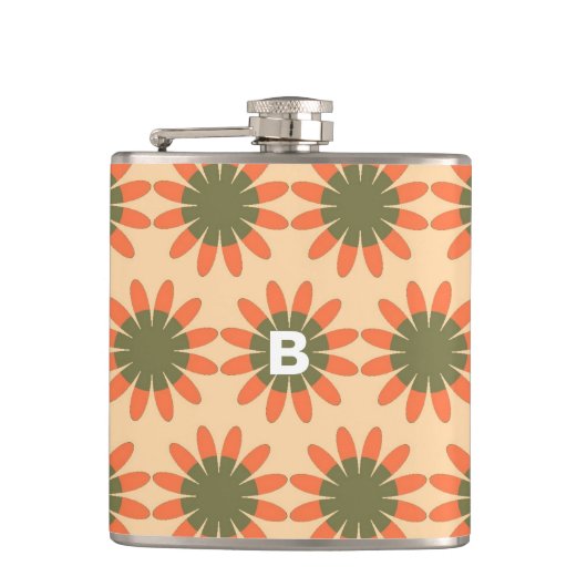 Sinaasappel en groen retro bloempatroon monogram heupfles (Voorkant)