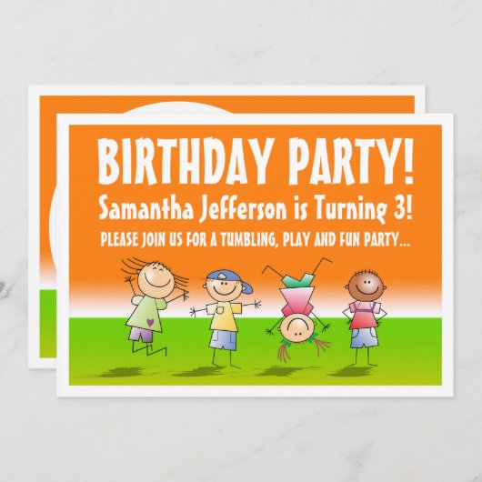Sinaasappel en Groen Tumbling Gym Feestuitnodiging Kaart (Voorkant / Achterkant)