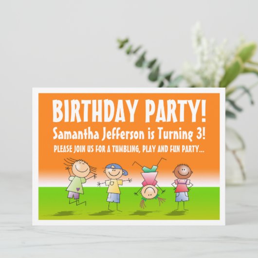 Sinaasappel en Groen Tumbling Gym Feestuitnodiging Kaart (Staand voorkant)