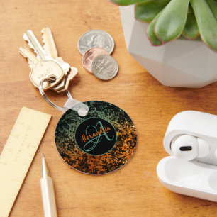 Sinaasappel en Groen Zwart Bloemmonogram Sleutelhanger