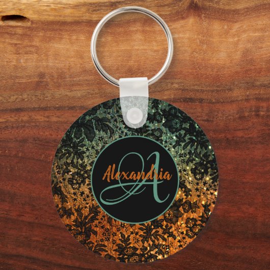 Sinaasappel en Groen Zwart Bloemmonogram Sleutelhanger (Voorkant)