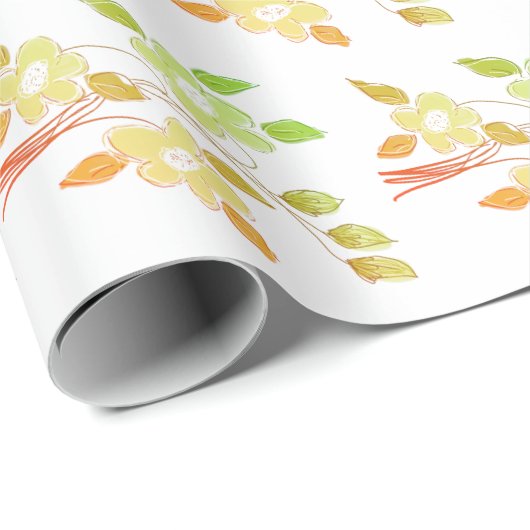 Sinaasappel en groene bloemen cadeaupapier (Rol Hoek)