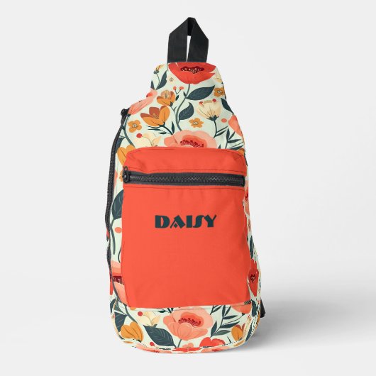 Sinaasappel en Groene Retro Bloemen Sling Bag (Voorkant)