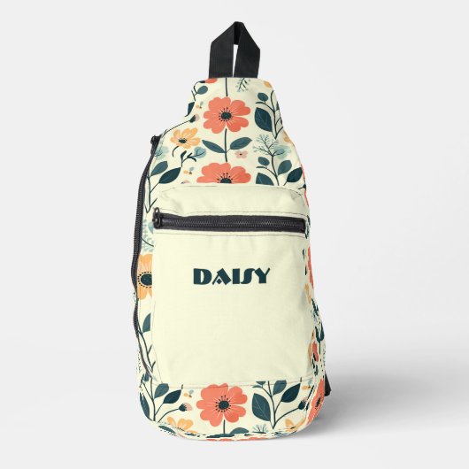 Sinaasappel en Groene Retro Bloemen Sling Bag (Voorkant)