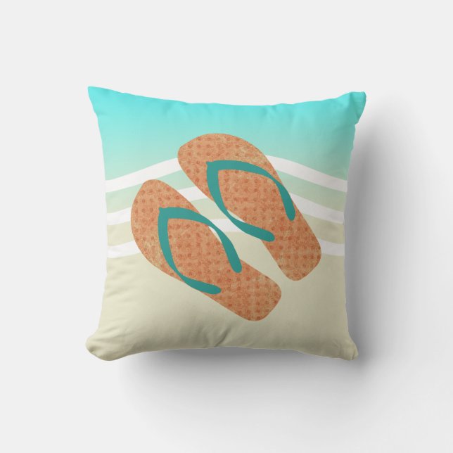 Sinaasappel en groene Teenslippers Aqua Beach Wave Buitenkussen (Voorkant)