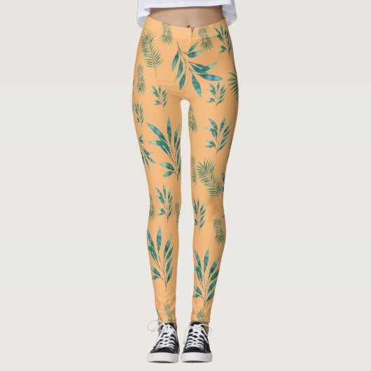 Sinaasappel en groene Waterverf palmbladeren Leggings (Voorkant)