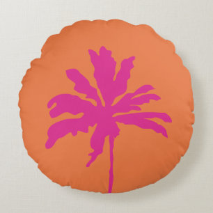 Sinaasappel en Hot Pink Modern Tropical Palm Tree Rond Kussen