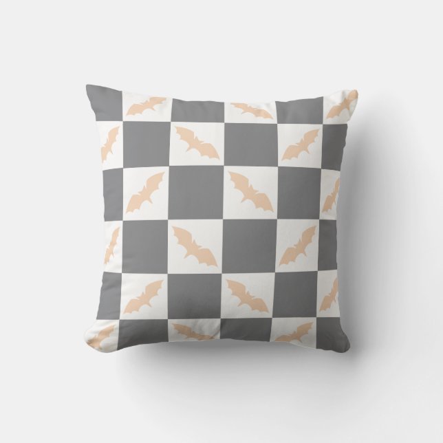Sinaasappel en houtskool Bat Checkerboard Kussen (Voorkant)