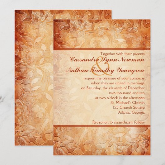 Sinaasappel en Ivoor Floral bruiloft uitnodiging (Voorkant / Achterkant)