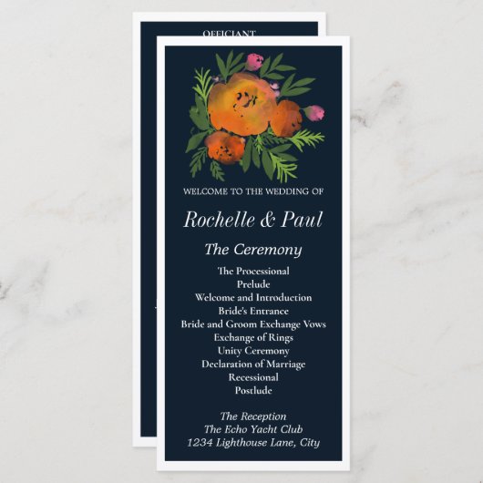 Sinaasappel en Navy Bloemen Modern Bold Wedding Pr (Voorkant / Achterkant)