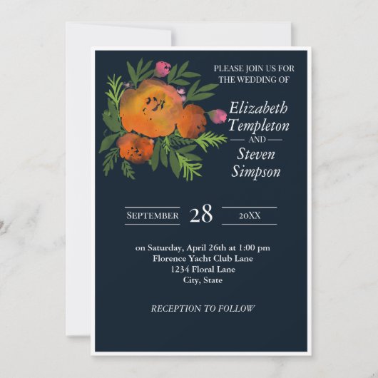 Sinaasappel en Navy Floral Modern Bold Wedding Kaart (Voorkant)