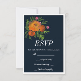 Sinaasappel en Navy Floral Modern Bold Wedding RSVP Kaartje