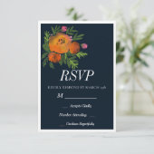 Sinaasappel en Navy Floral Modern Bold Wedding RSVP Kaartje (Staand voorkant)