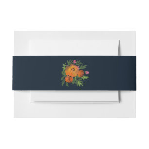 Sinaasappel en Navy Floral Modern Bold Wedding Uitnodigingen Wikkel