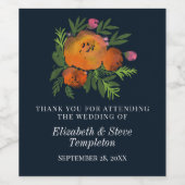 Sinaasappel en Navy Floral Modern Bold Wedding Wijn Etiket (Enkel label)
