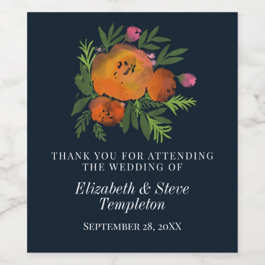 Sinaasappel en Navy Floral Modern Bold Wedding Wijn Etiket (Enkel label)