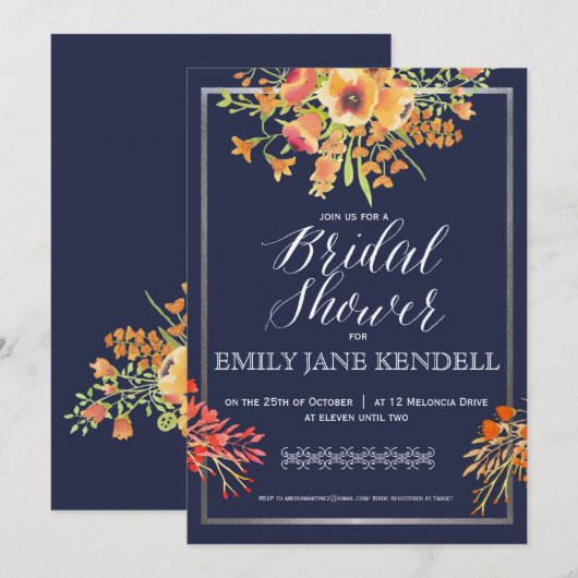 Sinaasappel en Navy Floral Vrijgezellenfeest Desig Kaart (Voorkant / Achterkant)