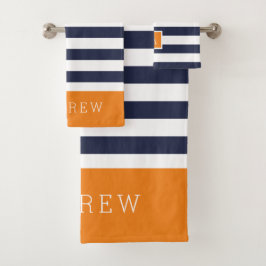 Sinaasappel en Navy Stripes Monogram Bad Handdoek