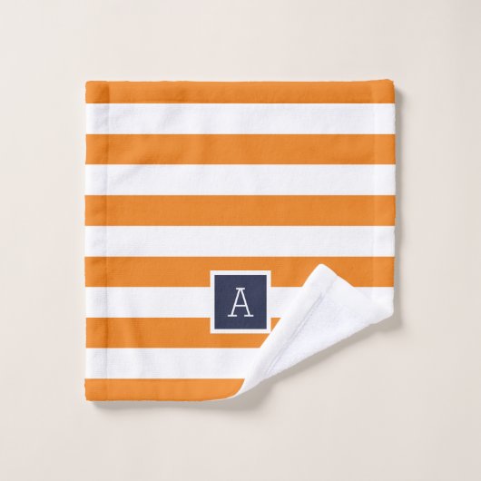 Sinaasappel en Navy Stripes Monogram Bad Handdoek (Wasdoekje)