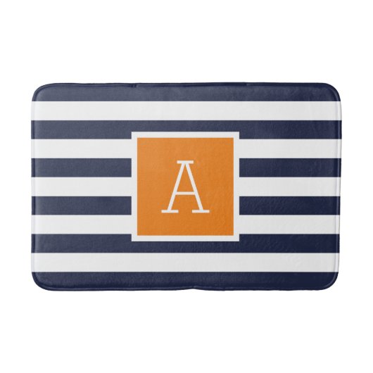 Sinaasappel en Navy Stripes Monogram Badmat (Voorkant)