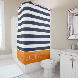 Sinaasappel en Navy Stripes Monogram Douchegordijn
