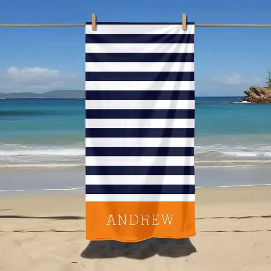 Sinaasappel en Navy Stripes Monogram Strandlaken