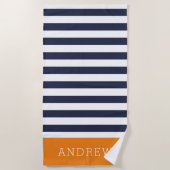 Sinaasappel en Navy Stripes Monogram Strandlaken (Voorkant)
