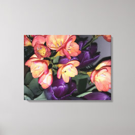 Sinaasappel en paarse bloemen canvas afdruk