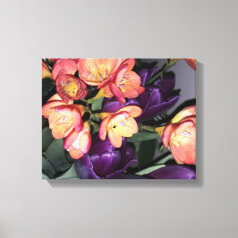 Sinaasappel en paarse bloemen canvas afdruk