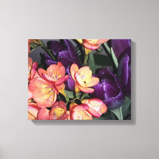 Sinaasappel en paarse bloemen canvas afdruk (Voorkant)