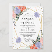 Sinaasappel en paarse bloemen gouden Lijst bruilof Kaart