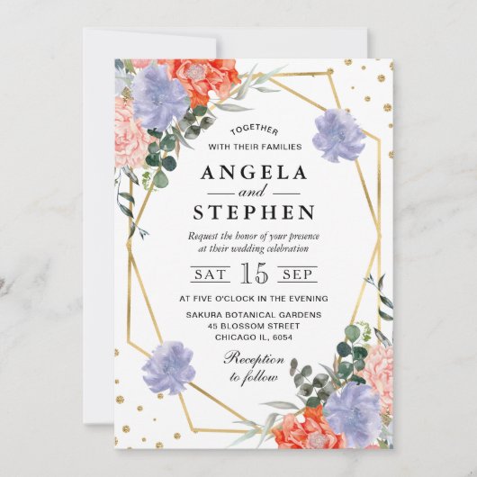 Sinaasappel en paarse bloemen gouden Lijst bruilof Kaart (Voorkant)