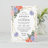 Sinaasappel en paarse bloemen gouden Lijst bruilof Kaart