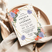 Sinaasappel en paarse bloemen gouden Lijst bruilof Kaart