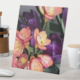 Sinaasappel en paarse bloemen reclamebord met voetstuk