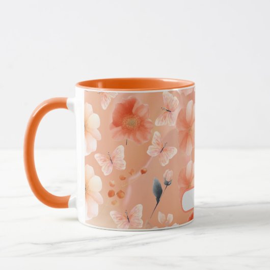 Sinaasappel en perzikkleurige bloemen en vlinders mok (Links)