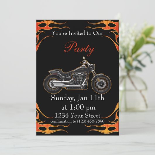 Sinaasappel en Red Flames Motorfiets Party! Kaart (Staand voorkant)